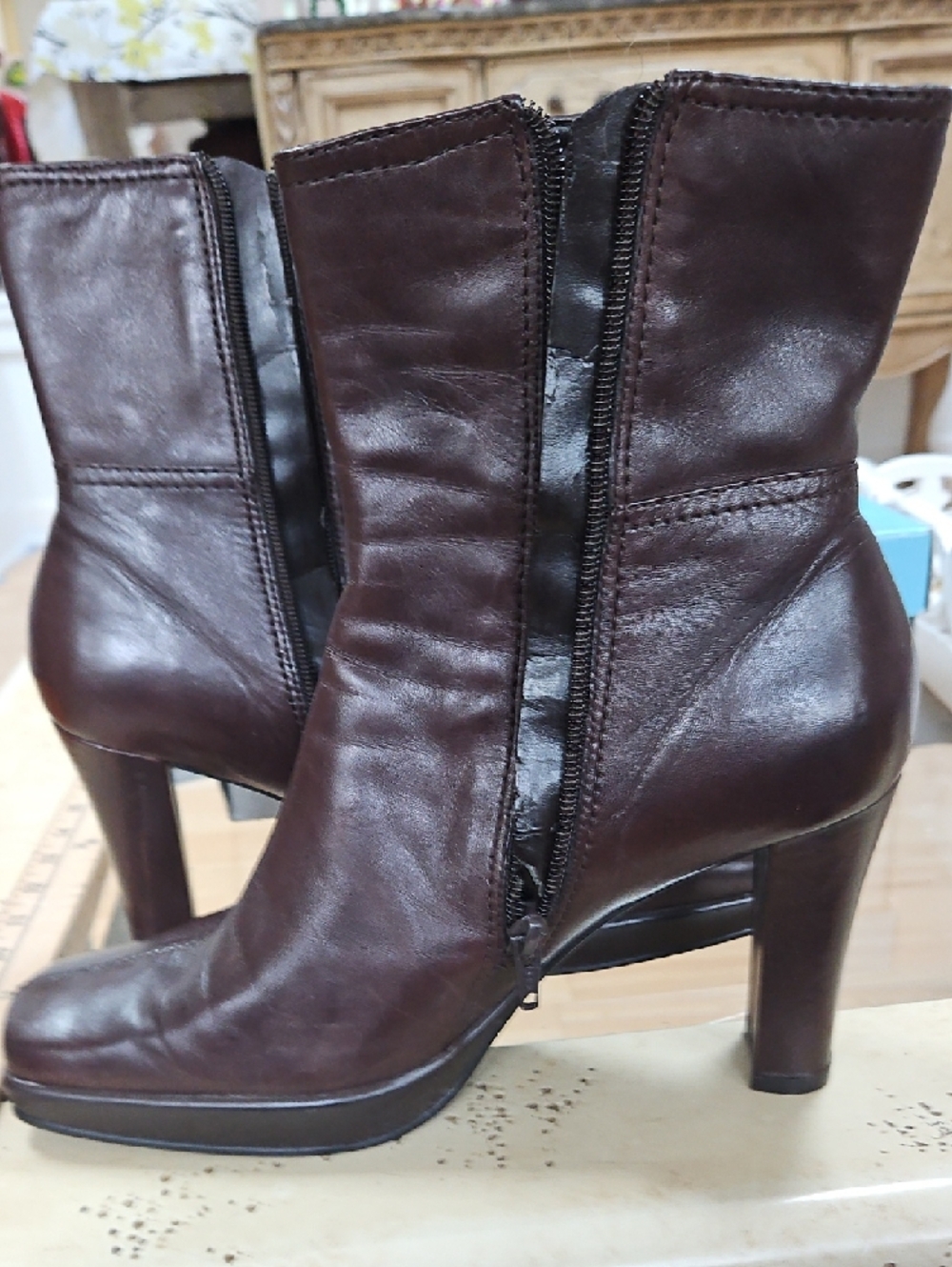 Nine West Dark Brown Square-Toe Leather Ankle Boots - Picture 9 of 12